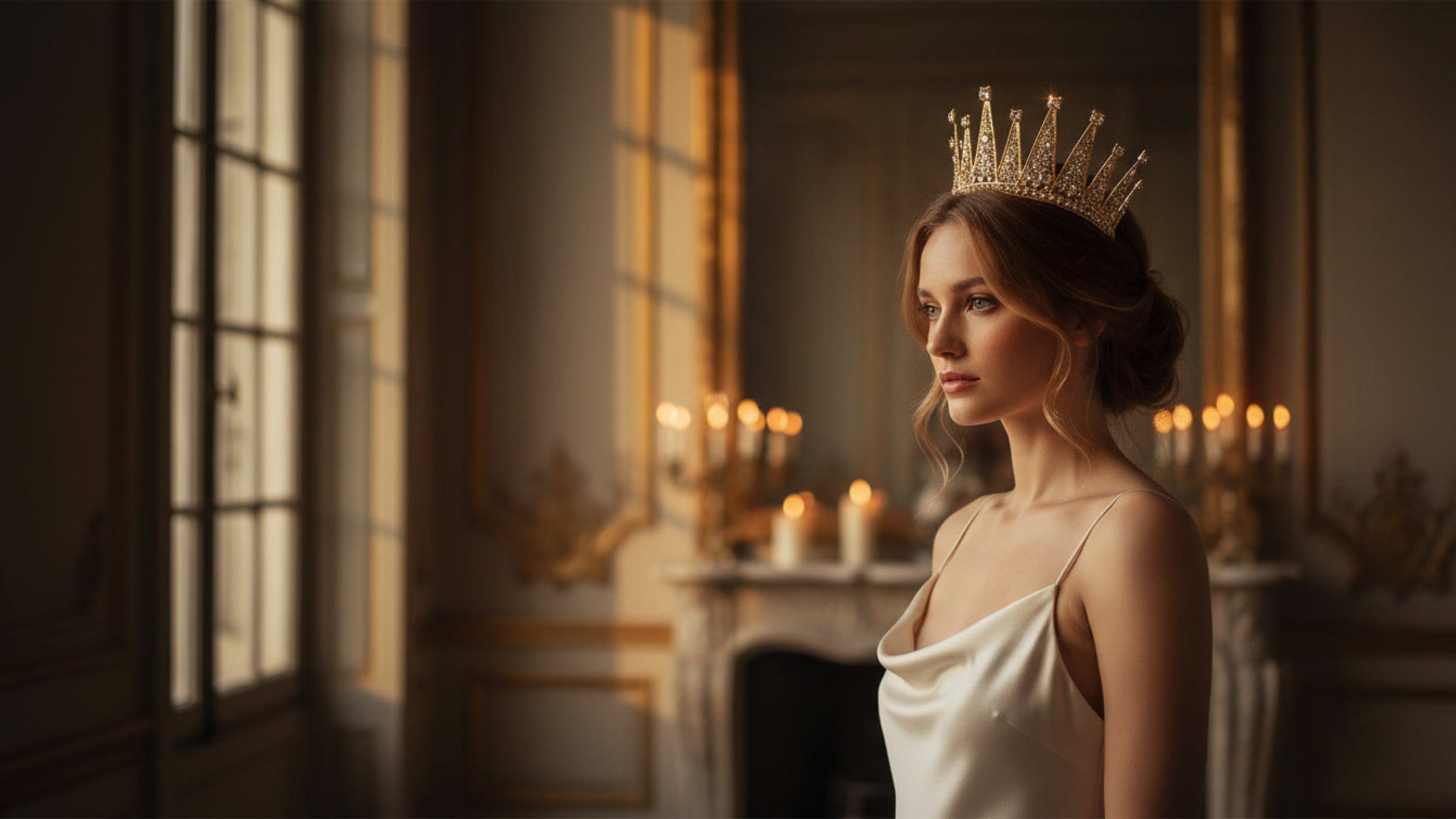 Woman wearing a crown in an elegant room with candles and a fireplace.