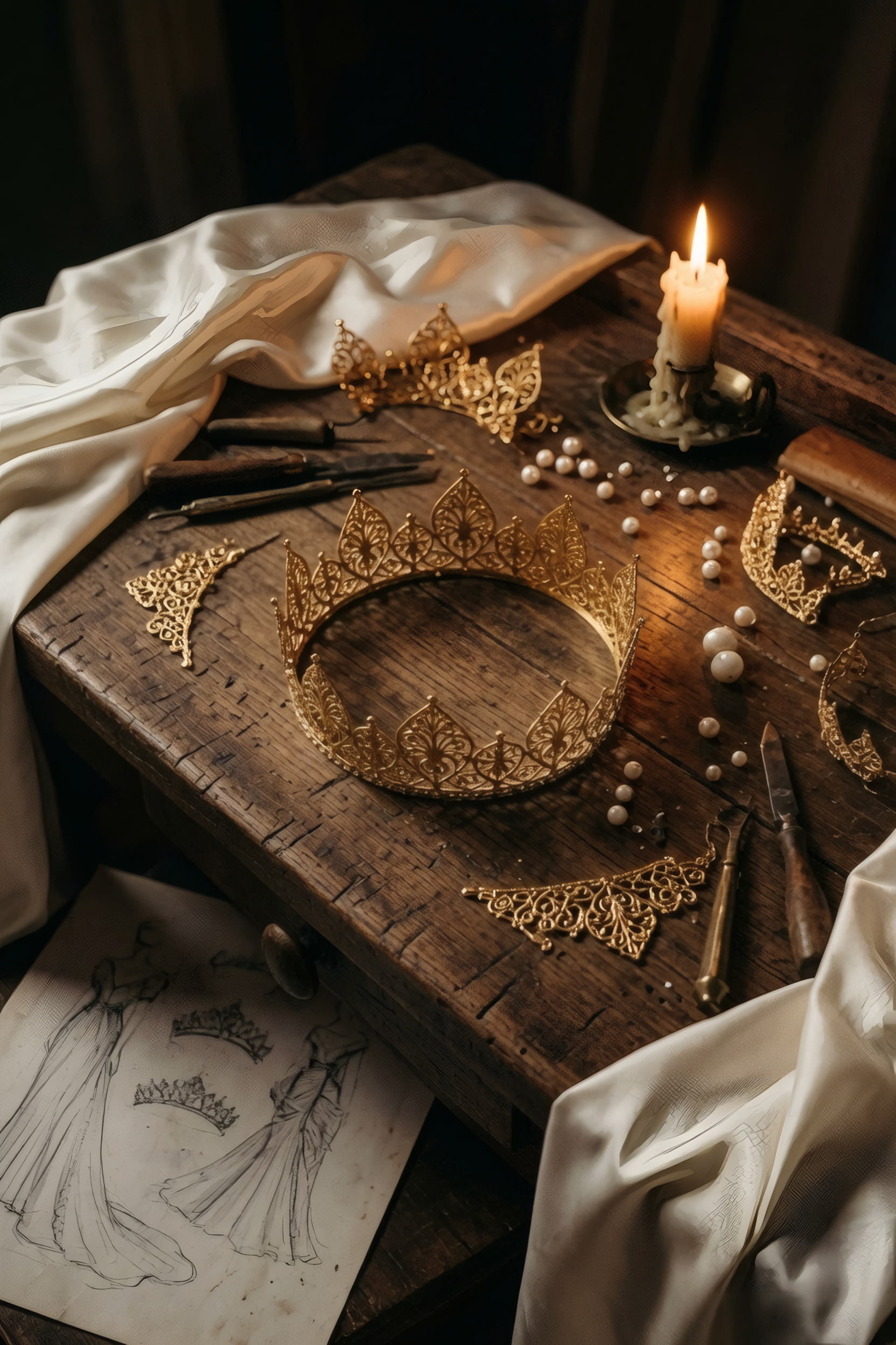 Gold crowns on a wooden table with candles and drawings in a warm, dimly lit setting.